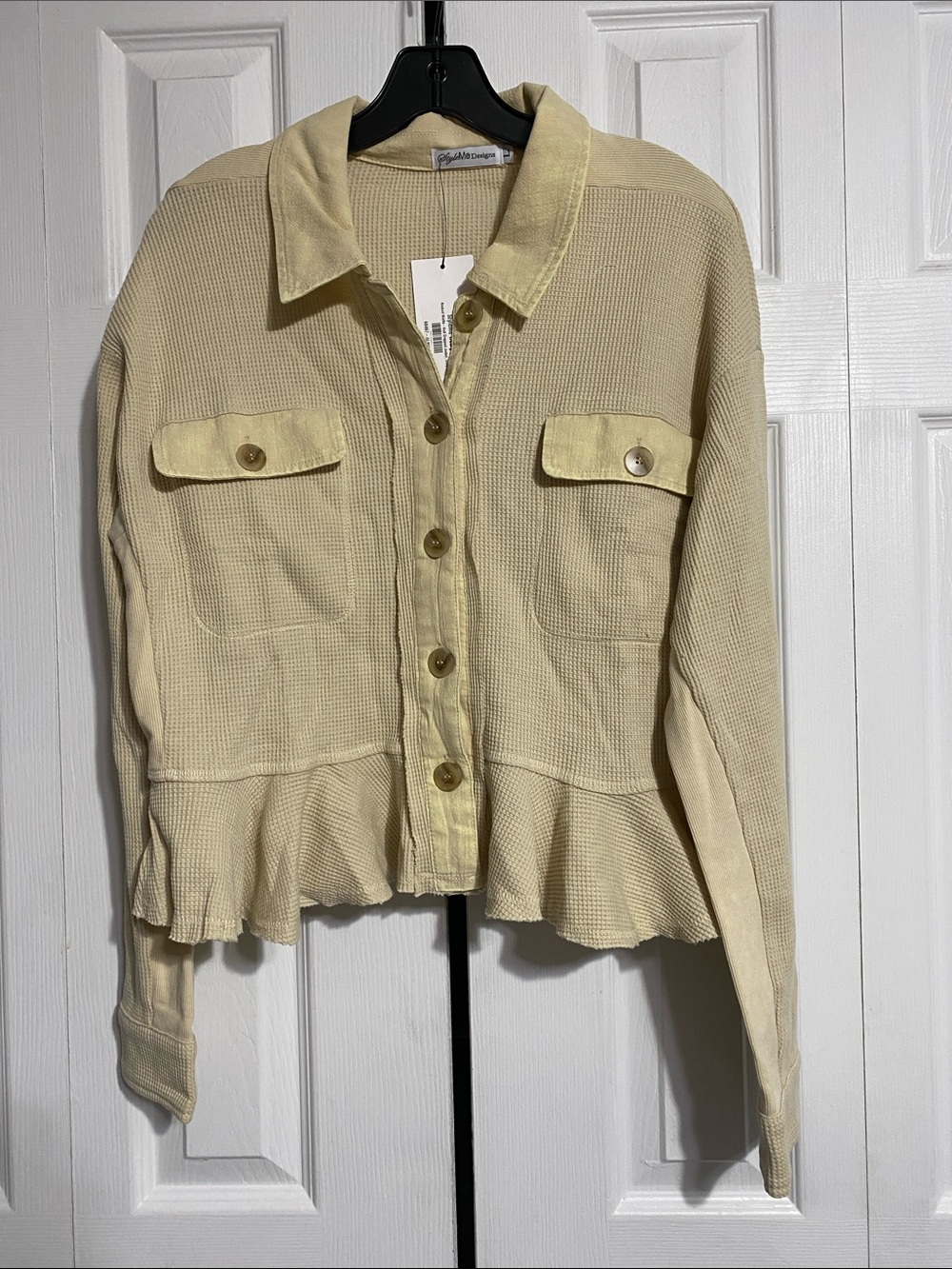 Styleme Designs Washed pale yellow peplum Waffle Knit Jacket shirt top LARGE